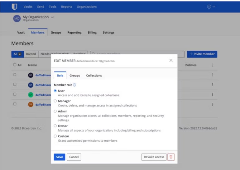 Bitwarden member roles and permissions.