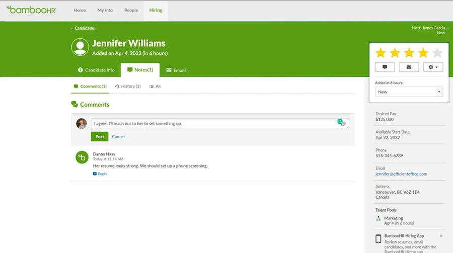 Sample image of BambooHR's applicant tracking system.