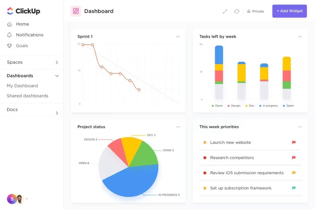 ClickUp’s customizable dashboards.