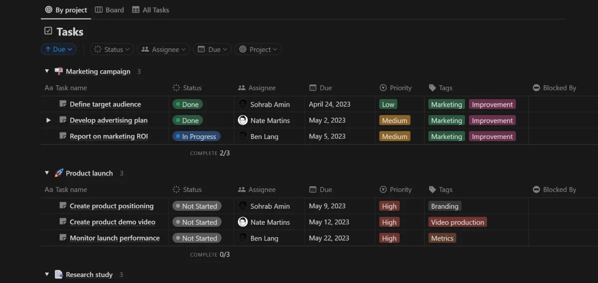 A project management template in Notion.