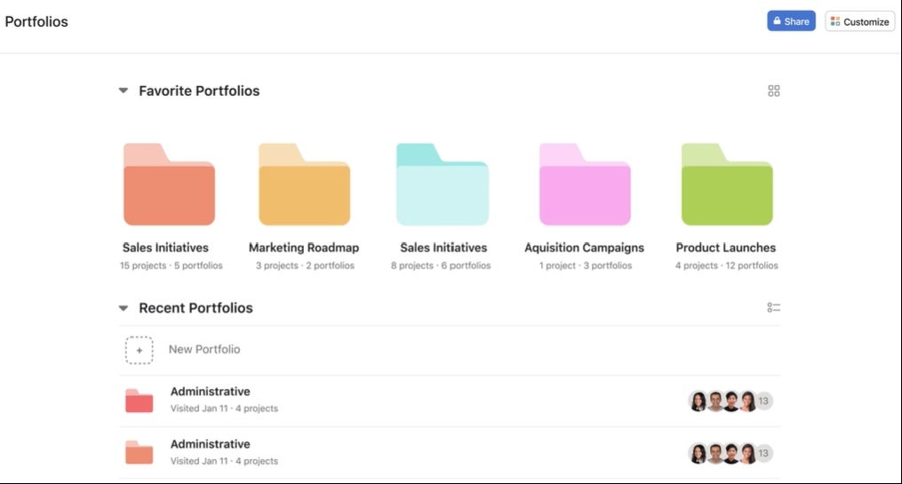 Screenshot of Asana portfolios.