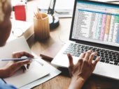 Bookkeeper working on a financial spreadsheet on a laptop.