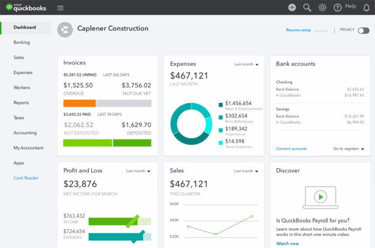 Intuit QuickBooks dashboard.